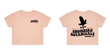 Load image into Gallery viewer, Pink Crop Top With a Groovy font print on the left chest &quot;Snowbird Botanicals Barnet, VT&quot; and a bigger version on the back with a snowbird added above.