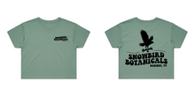 Load image into Gallery viewer, Sage Crop Top with a Groovy font print on the left chest &quot;Snowbird Botanicals Barnet, VT&quot; and a bigger version on the back with a snowbird added above.