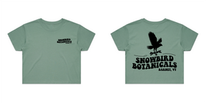 Sage Crop Top with a Groovy font print on the left chest "Snowbird Botanicals Barnet, VT" and a bigger version on the back with a snowbird added above.