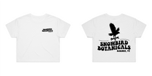 Load image into Gallery viewer, White Crop Top with a Groovy font print on the left chest &quot;Snowbird Botanicals Barnet, VT&quot; and a bigger version on the back with a snowbird added above.